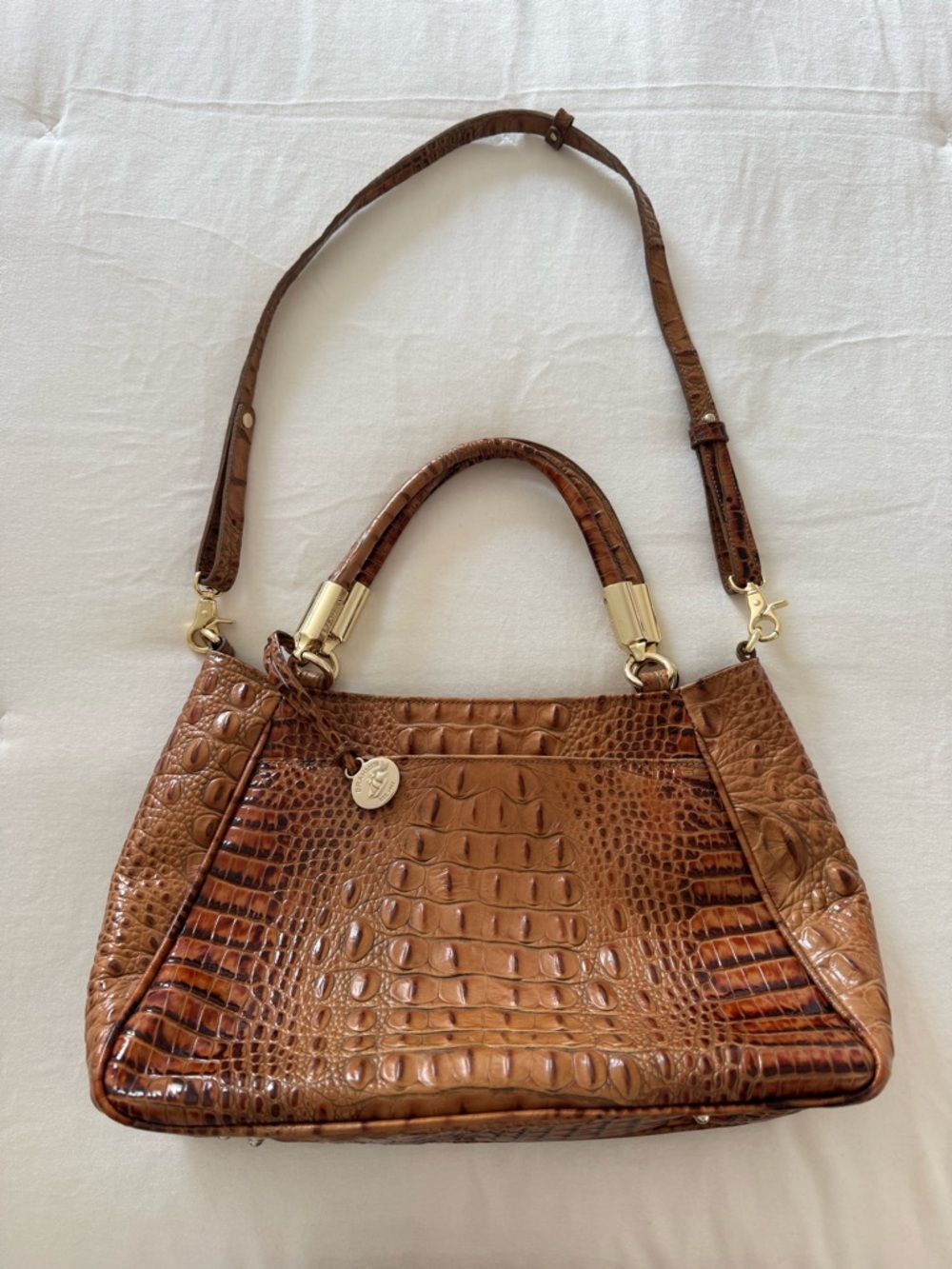Brahmin Leather Handbag Purse in Toasted Almond Embossed w/ Detachable Strap